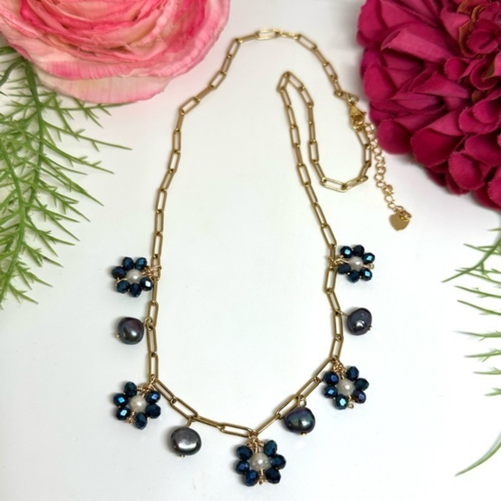 NEW⚜️Freshwater Tahitian Pearl & Crystal Flower Charm Necklace